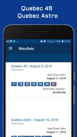 Résultats des Jeux Loto Quebec pour Android