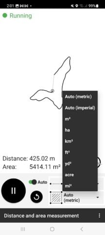 Distance and area measurement per Android