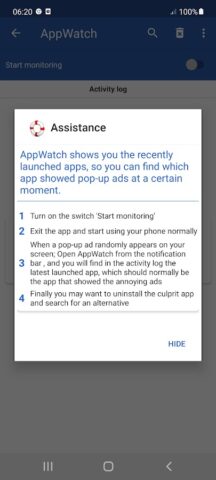 AppWatch مضاد النوافذ المنبثقة لنظام Android
