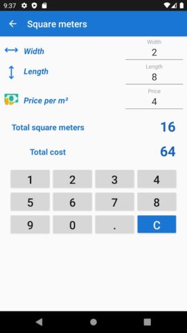 Cálculo de metros quadrados para Android