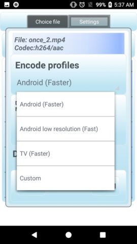 Conversor de vídeo mp4 Aencode para Android