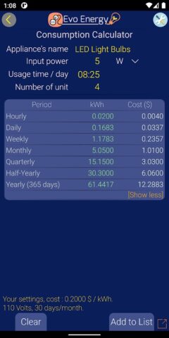 EvoEnergy — Electricity Calc для Android — скриншот 2