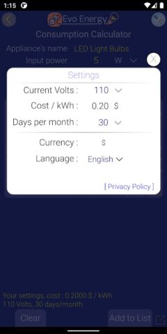 EvoEnergy — Electricity Calc для Android — скриншот 4