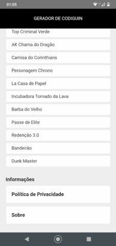 Gerador de Codiguin для Android — скриншот 2