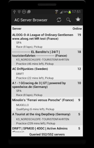 Assetto Corsa Server Browser для Android — скриншот 1