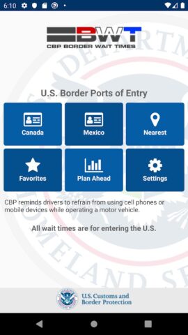 CBP Border Wait Times для Android — скриншот 1