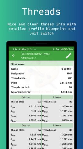 Резьбы и CNC калькуляторы для Android — скриншот 4