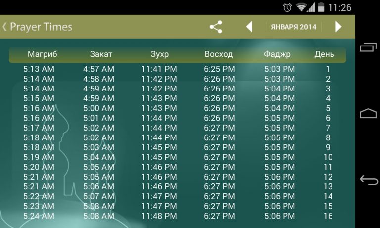 Расписание намазов для Android — скриншот 4