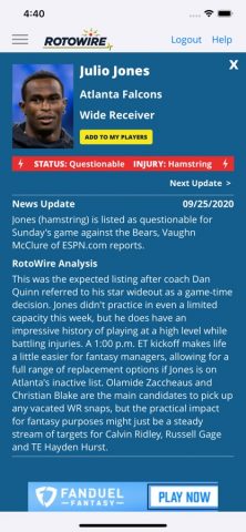 RotoWire Fantasy News Center для iOS — скриншот 2