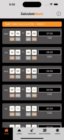Time Card Calculator-Timeclock для iOS — скриншот 1