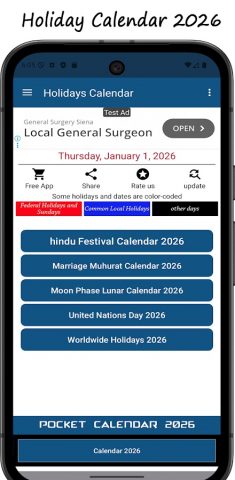 Holiday Calendar 2026 для Android — скриншот 1