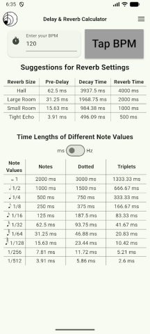 Delay & Reverb Calculator для Android — скриншот 1