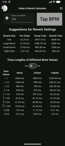Delay & Reverb Calculator для Android — скриншот 3
